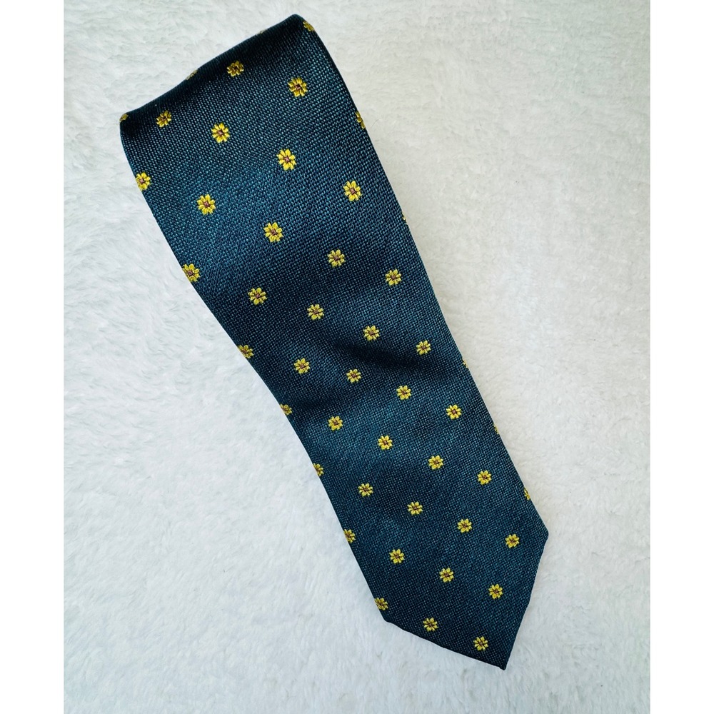 Tattersall London Silk Necktie Teal Green‎ Yellow Floral Medallion Length 59"